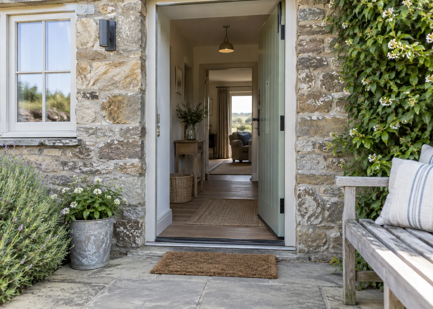 Level cottage entrance with wide open doorway.