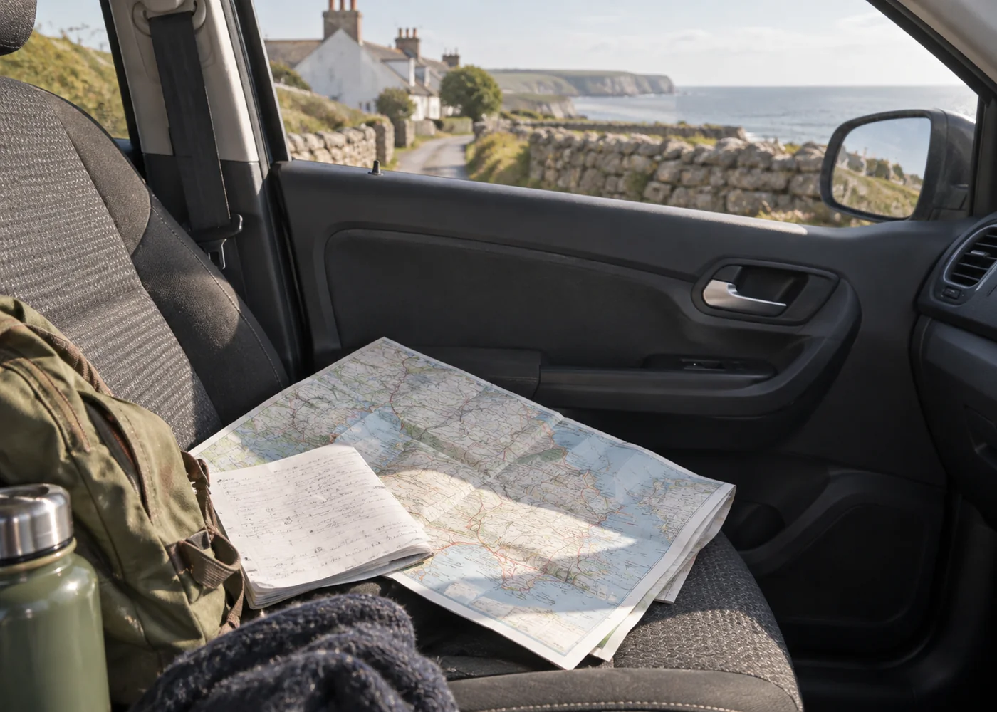 Paper directions and a map on a car passenger seat.