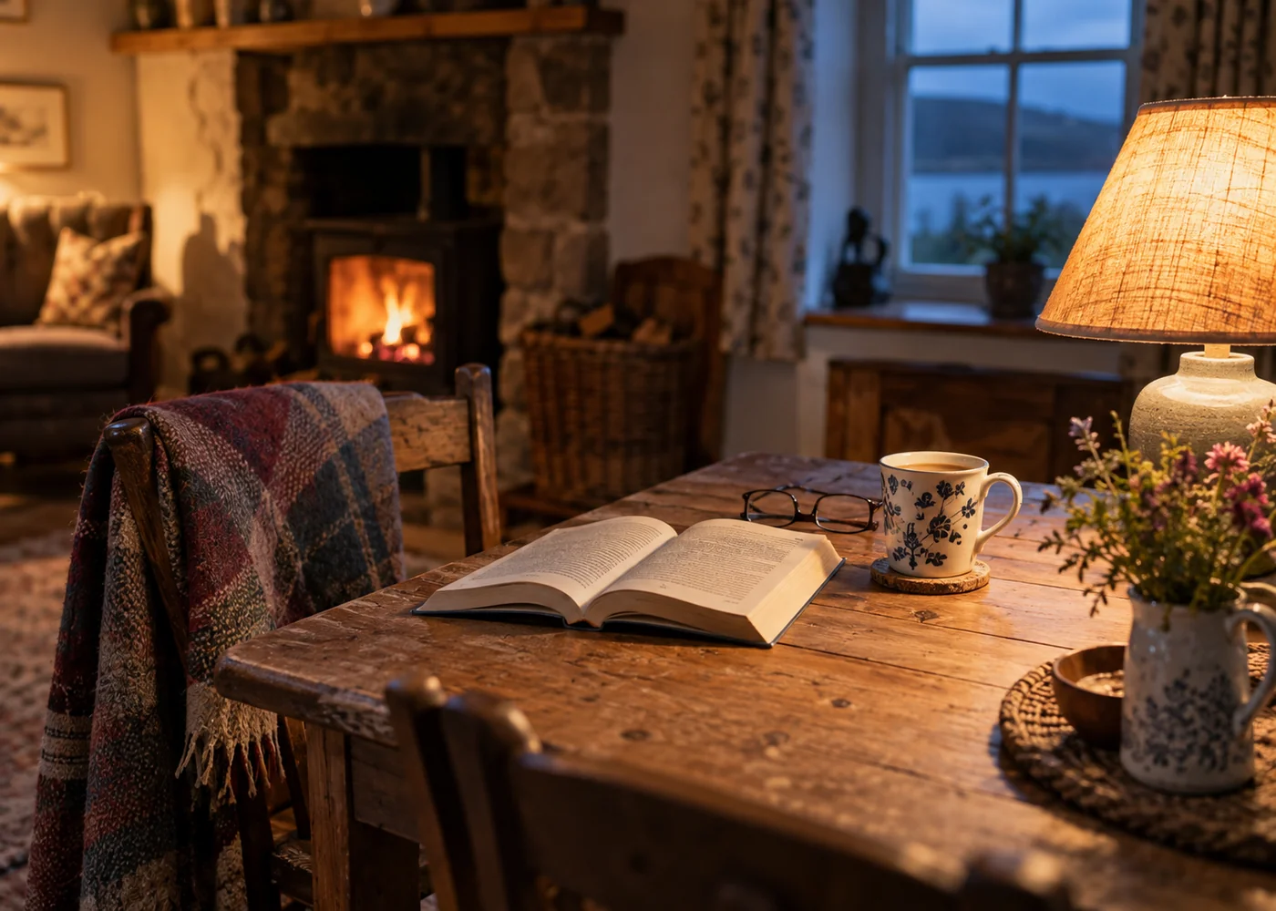 Lamp-lit cottage table with a book and mug.