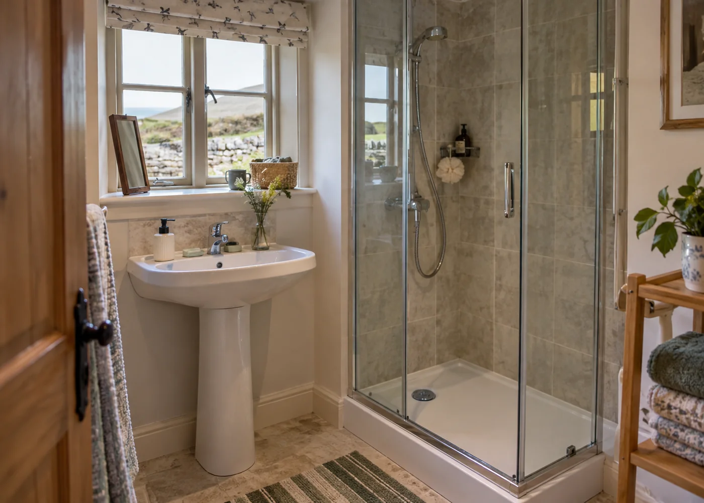 Compact bathroom with basin and shower cubicle.