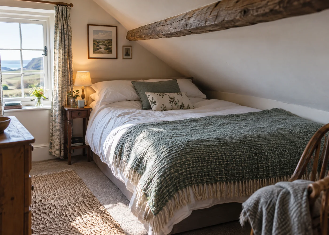 Double bed fitted closely beneath a sloping cottage ceiling.