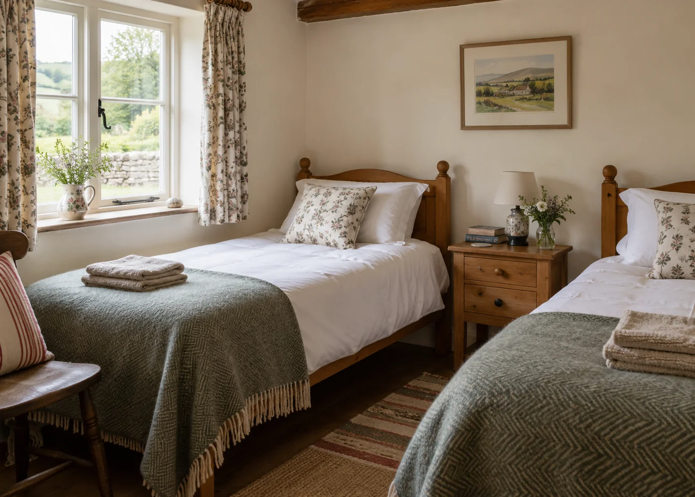 Small cottage bedroom with two separate single beds.