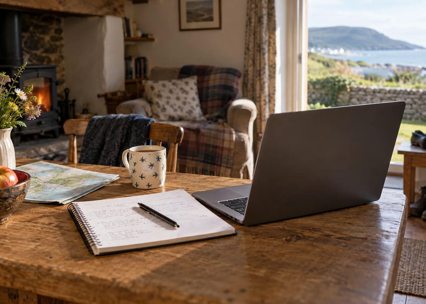 Notebook with a pen beside an open laptop.