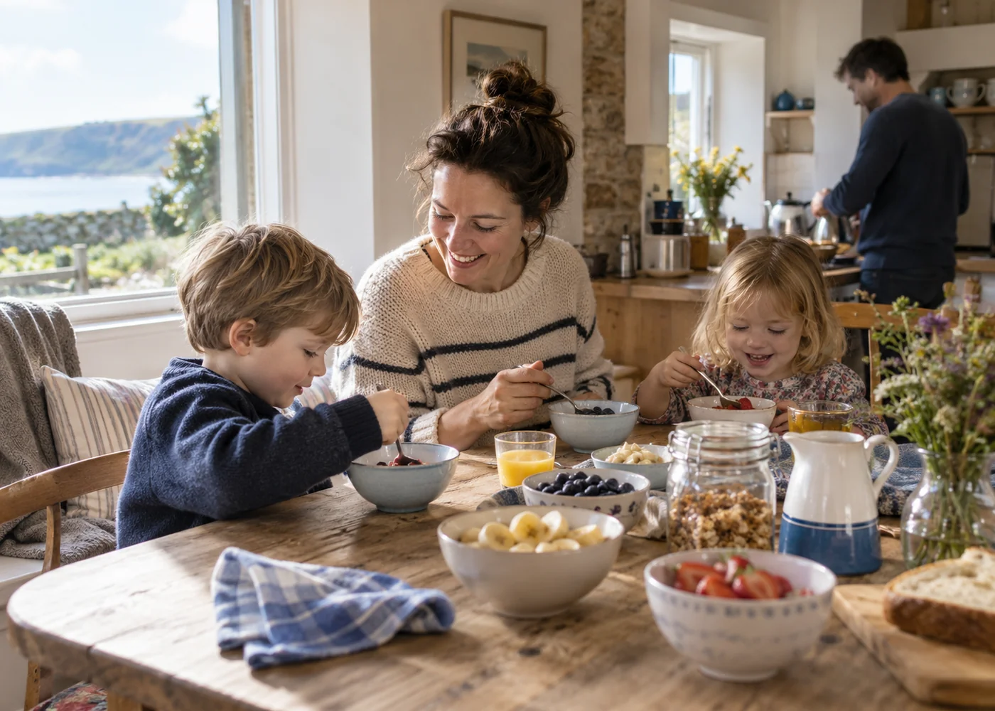 Simple family breakfast setting with small bowls.
