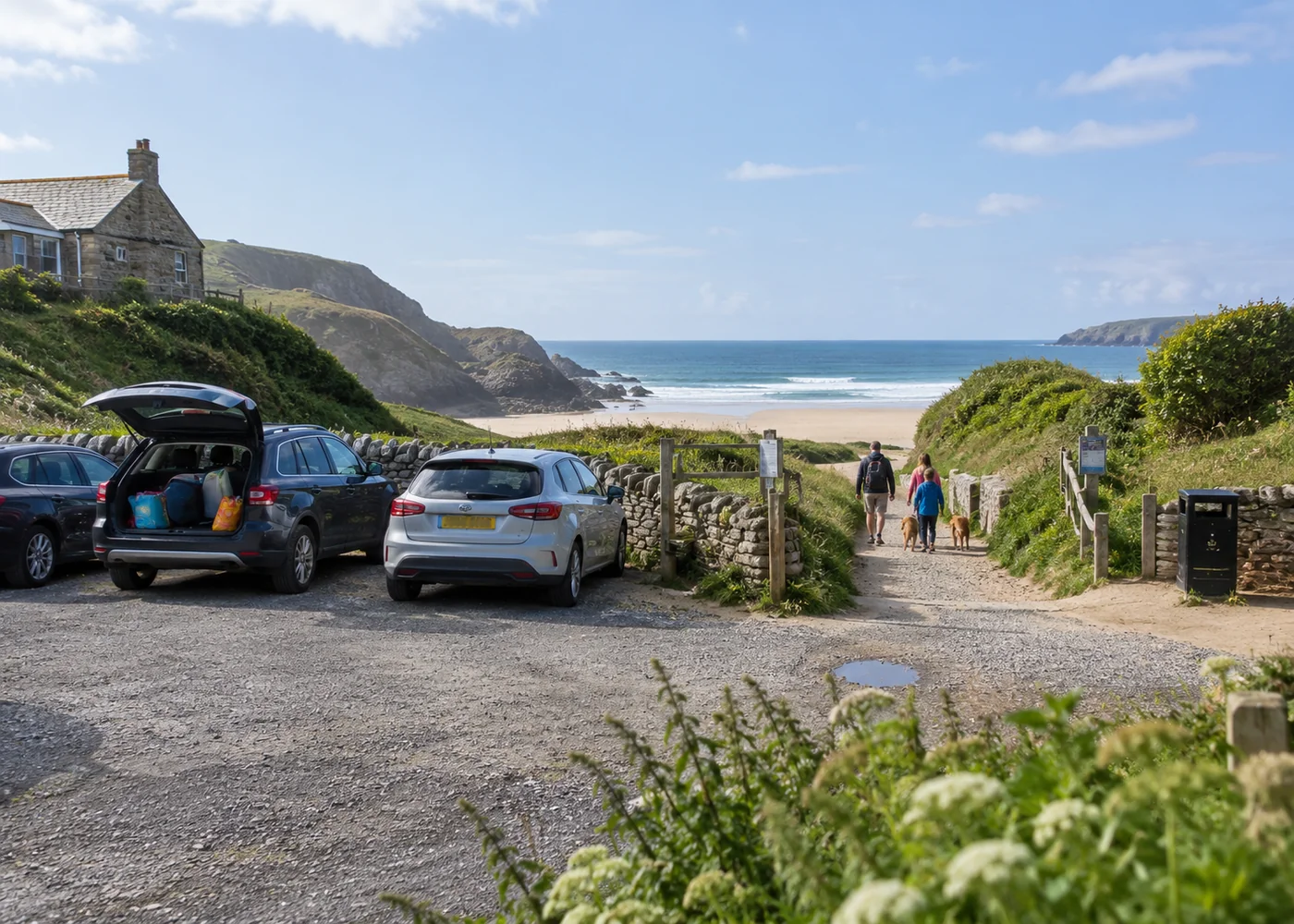 Coastal car park beside a path towards the beach.