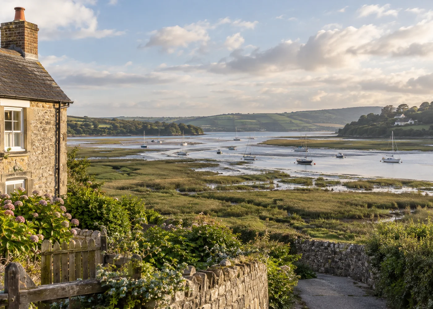 Wide tidal estuary with saltmarsh and distant boats.