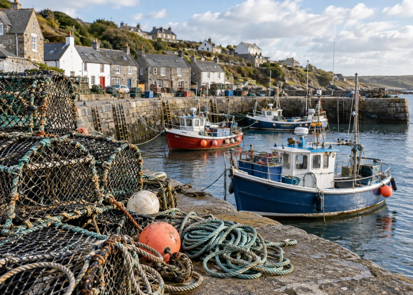 Fishing nets and small boats in a British village harbour.