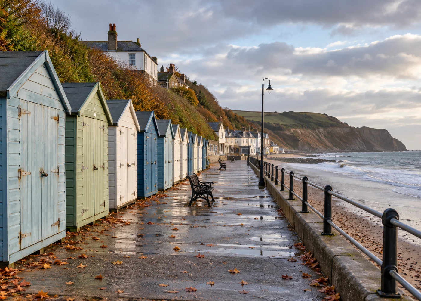 Quiet seaside promenade in autumn with closed beach huts.