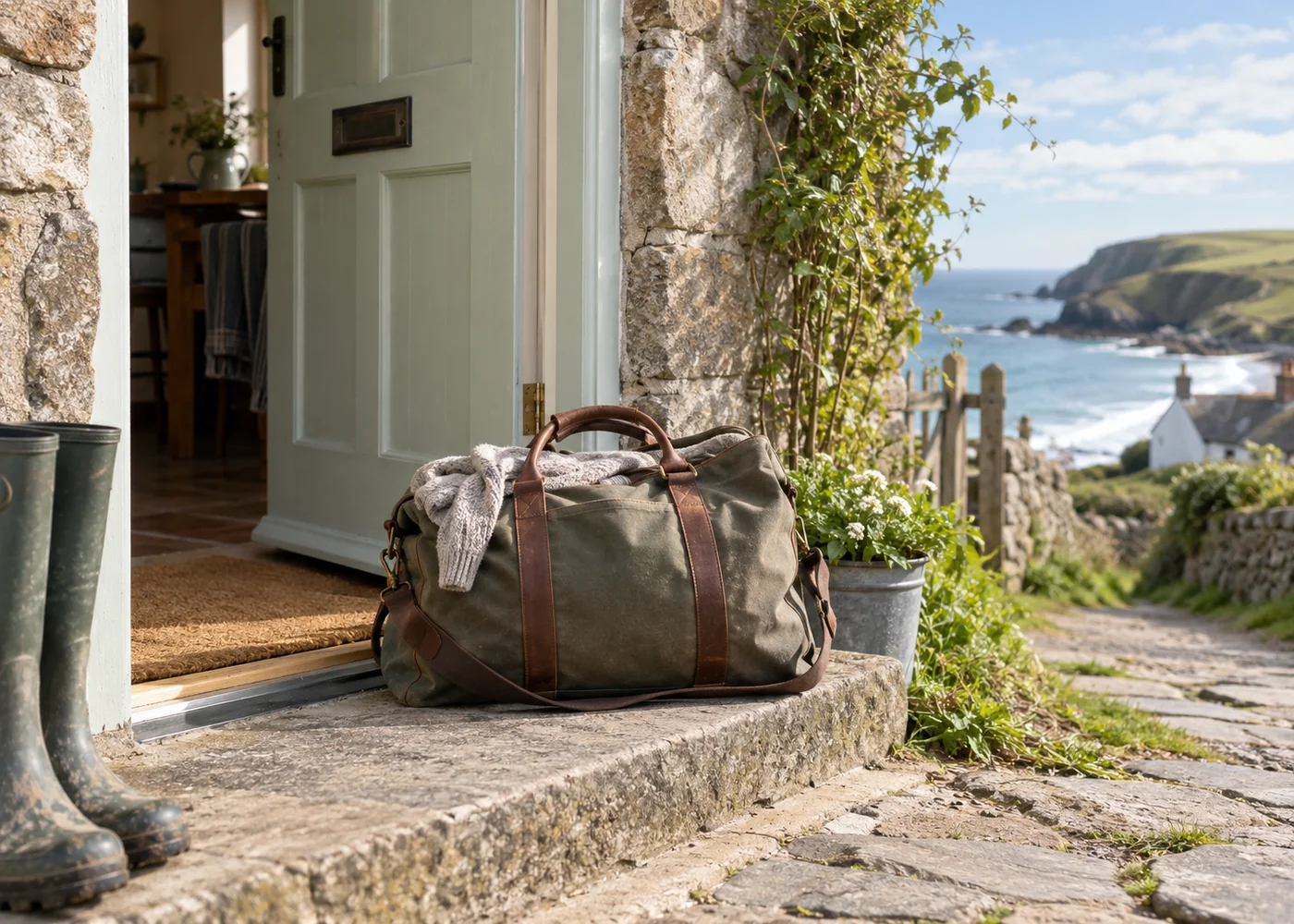 Weekend travel bag beside a coastal cottage doorway.