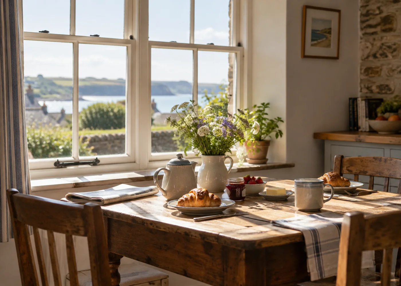Sunlit window above a cottage breakfast table.