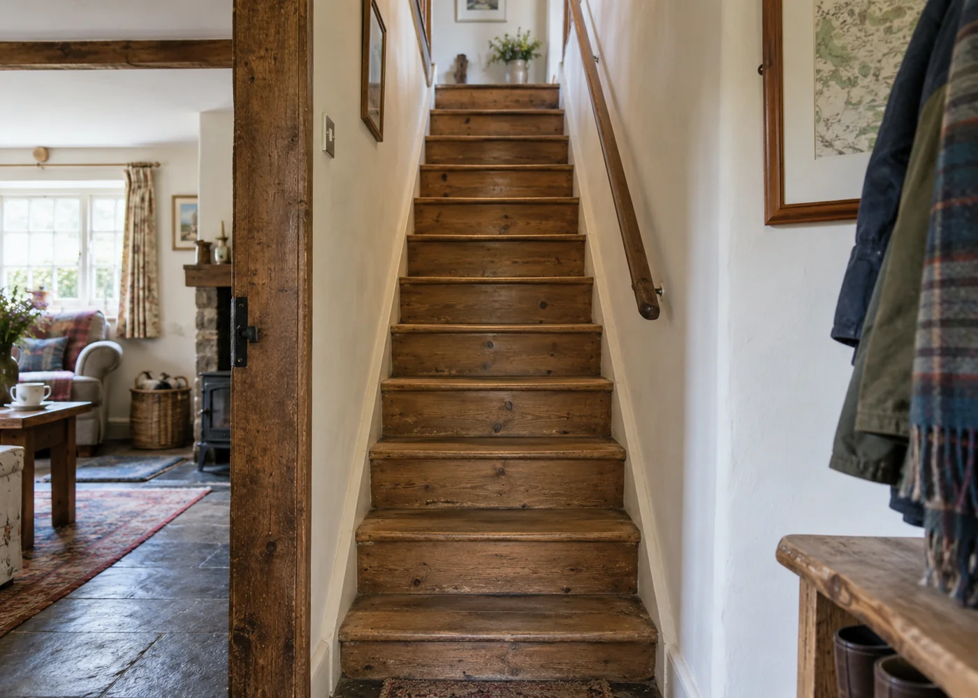 Narrow timber staircase inside an old cottage.