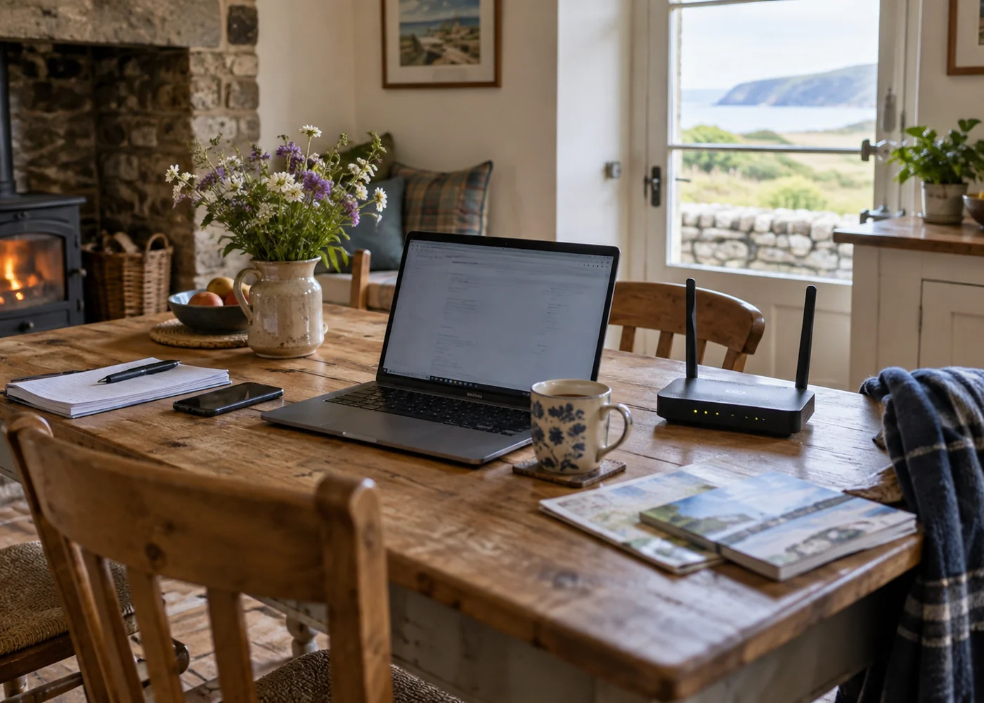 Laptop on a cottage dining table near a router.