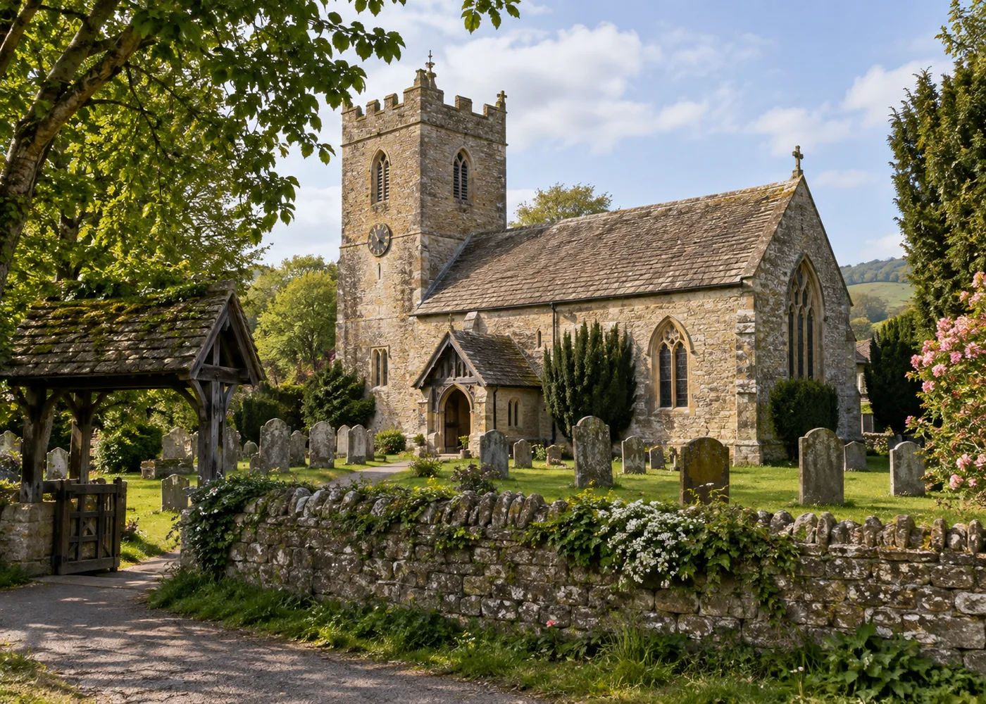 Small English stone village church and churchyard.