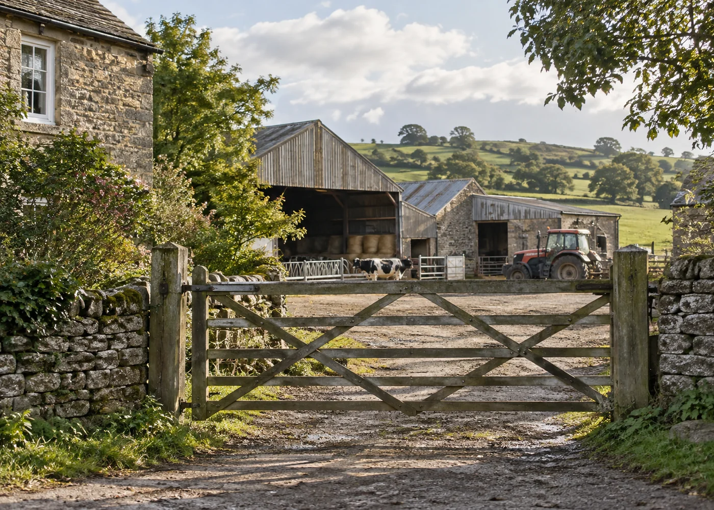 Farm gate and agricultural buildings in an English rural landscape.