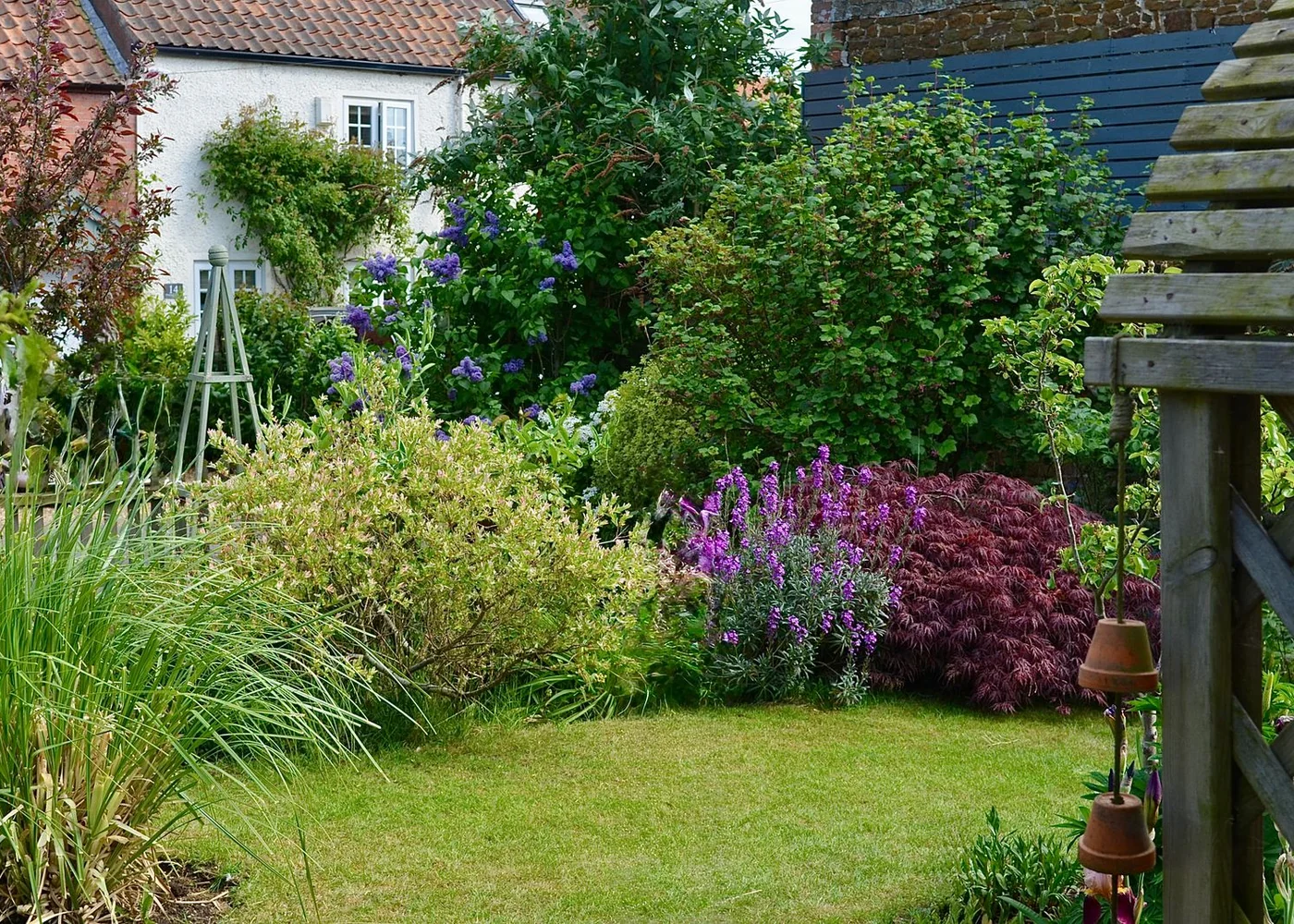 Mixed flower borders beside a lawn in an English cottage garden.
