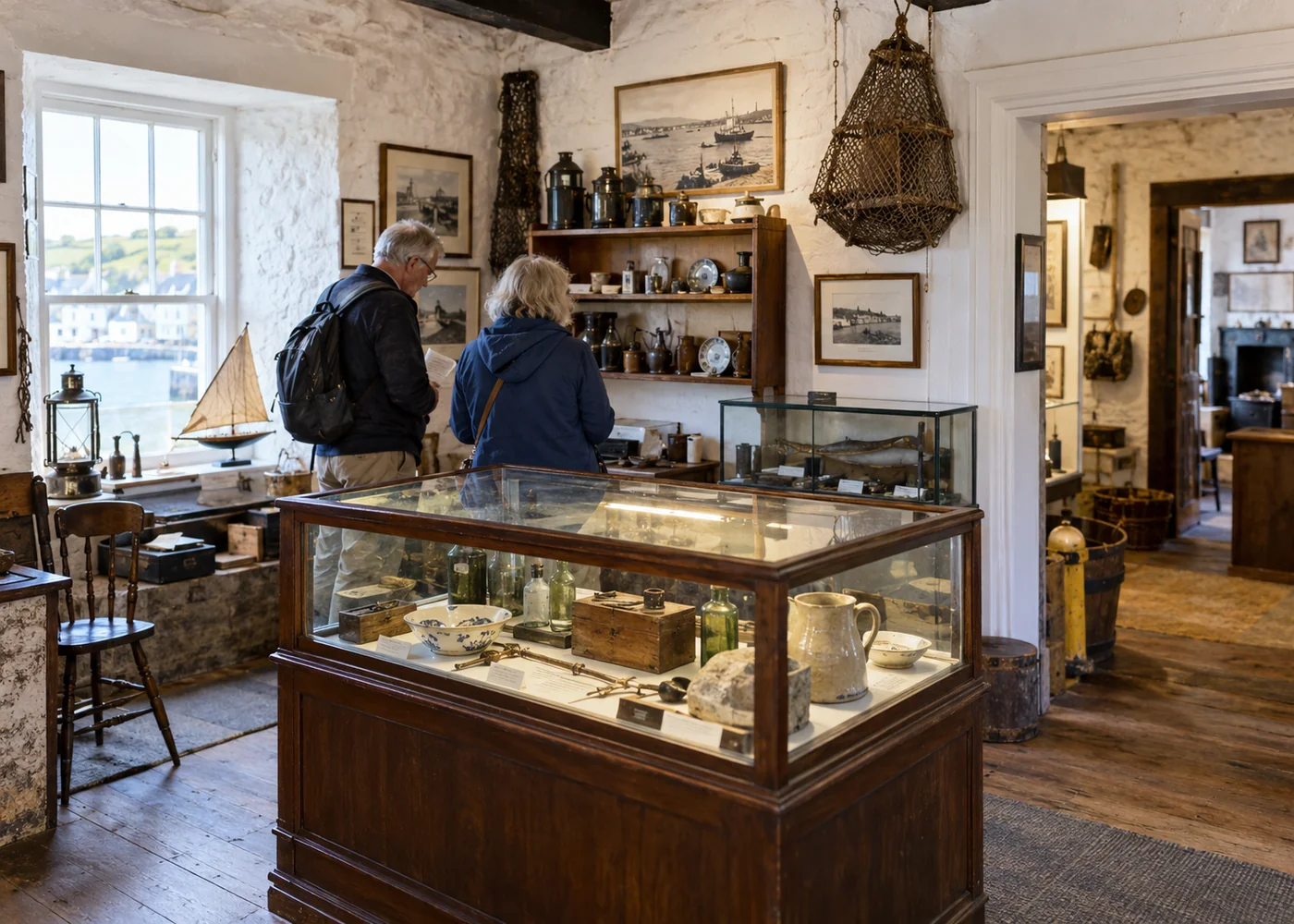 Small local history museum display of everyday historic objects.