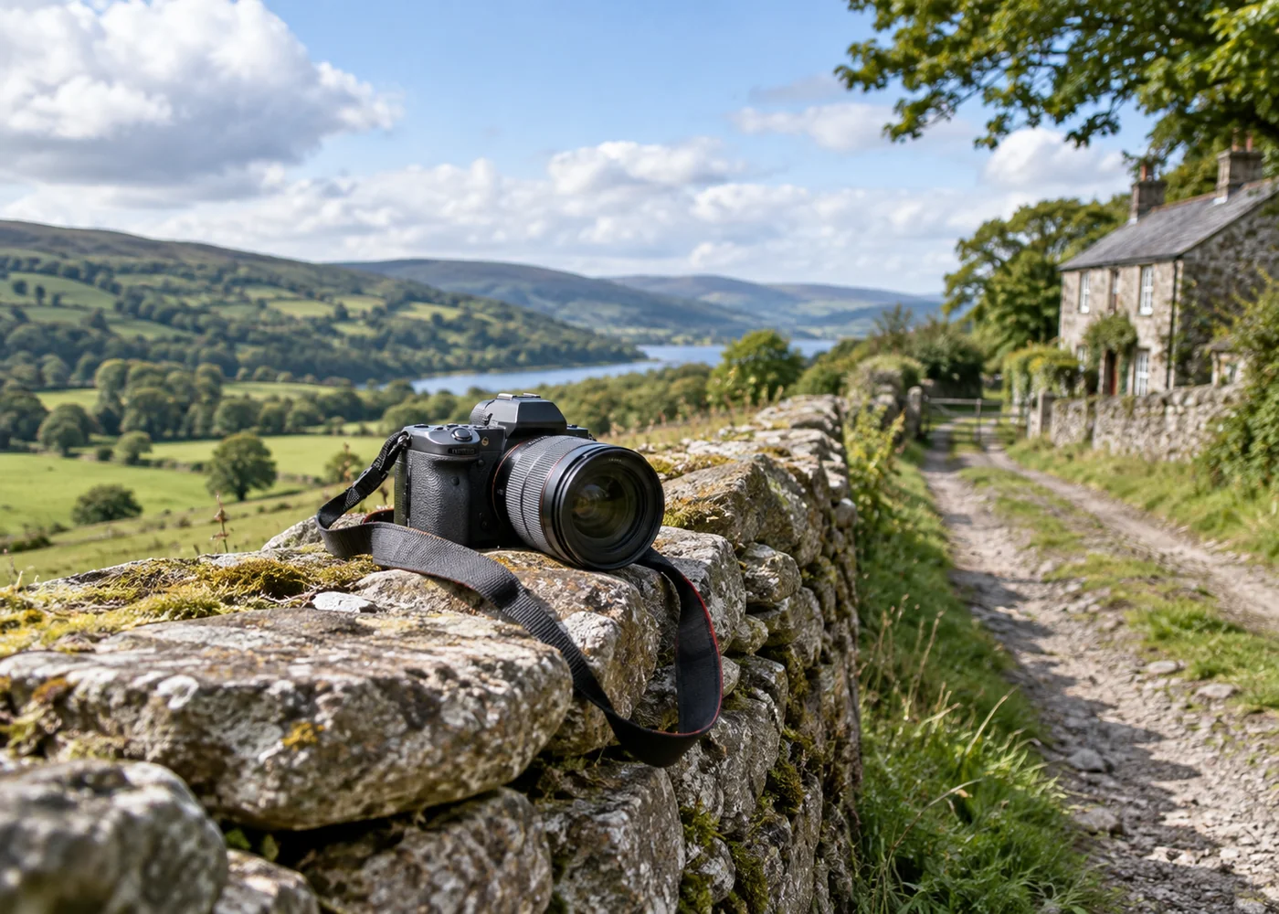 Camera resting on a stone wall beside a country path.