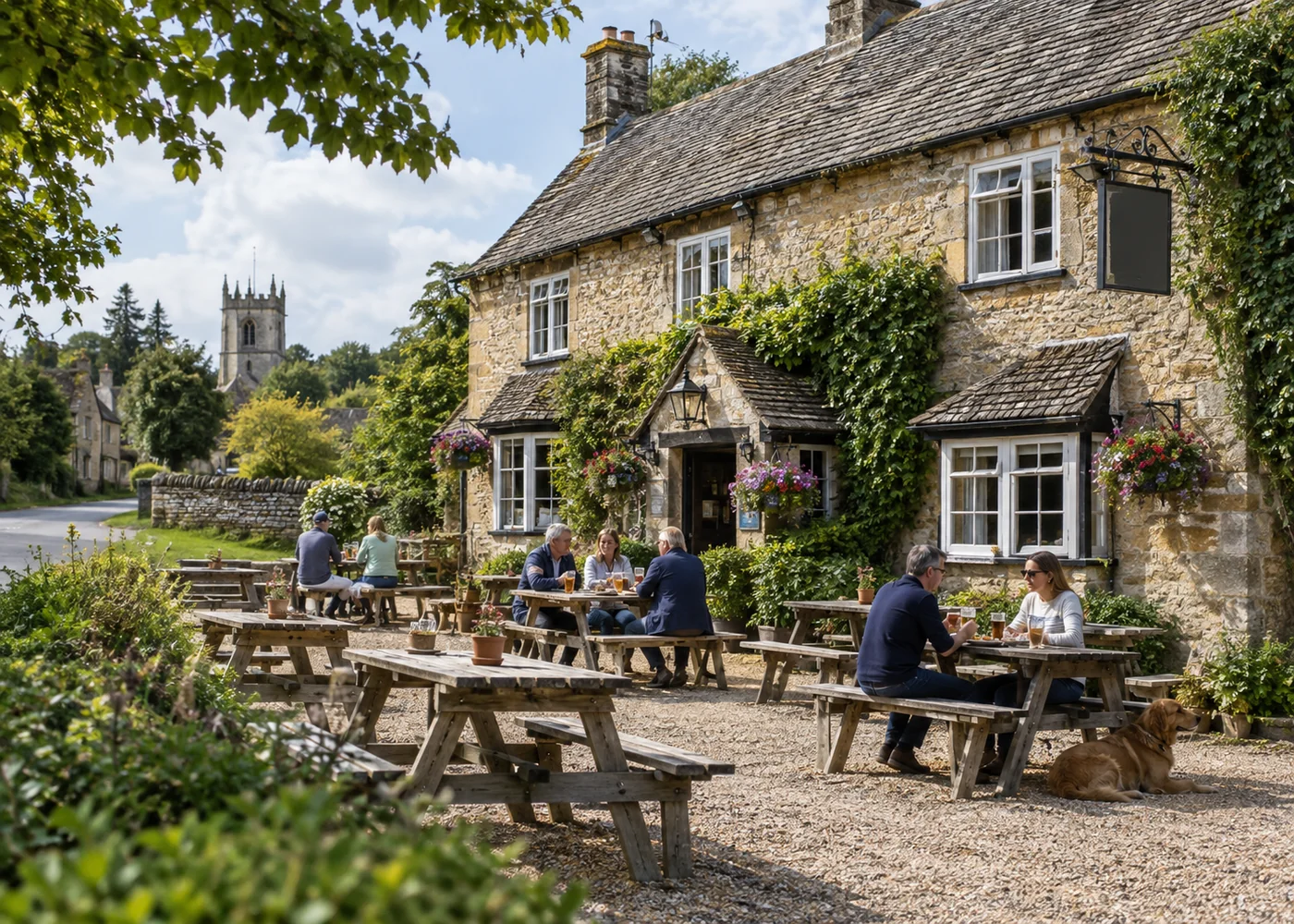 Traditional country pub exterior with wooden outdoor tables.