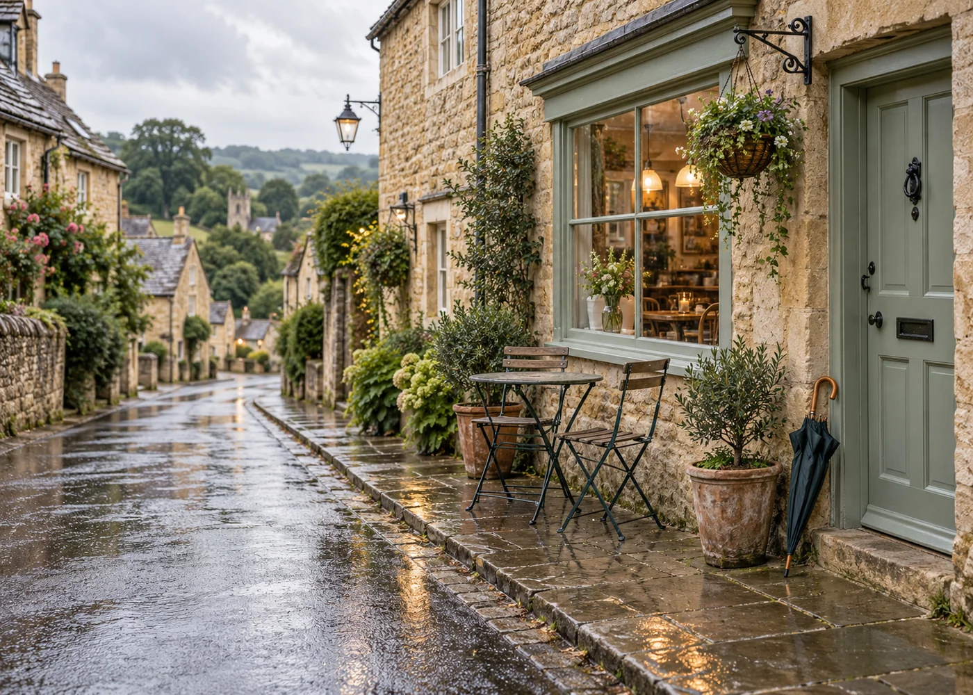 A wet village lane beside a warmly lit café window and stone cottages.