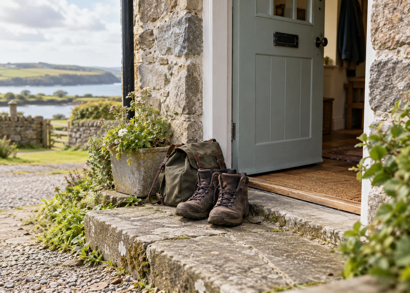 Rural cottage doorway with walking boots and a small bag.