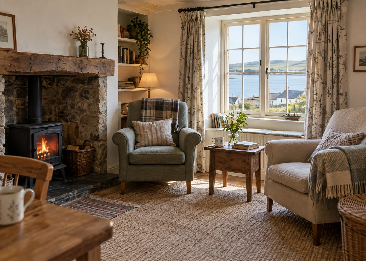Compact cottage sitting room with two chairs.