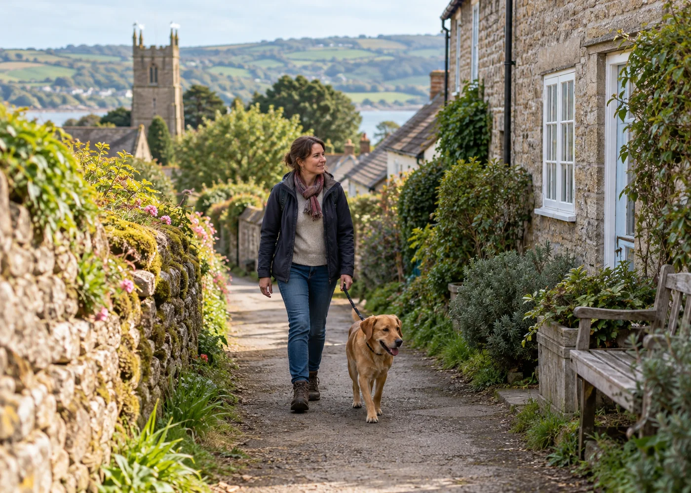 Quiet village footpath with dog on lead.