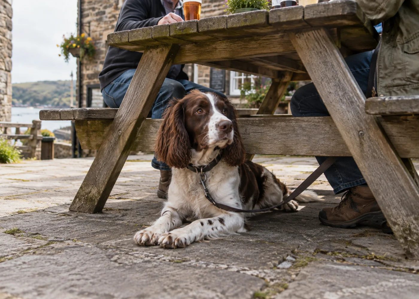 Dog beneath an outdoor pub table.