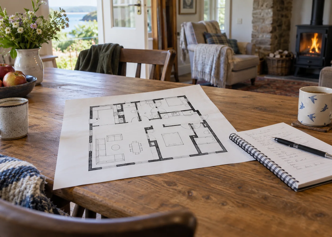 Printed house floor plan beside a notebook on a table.