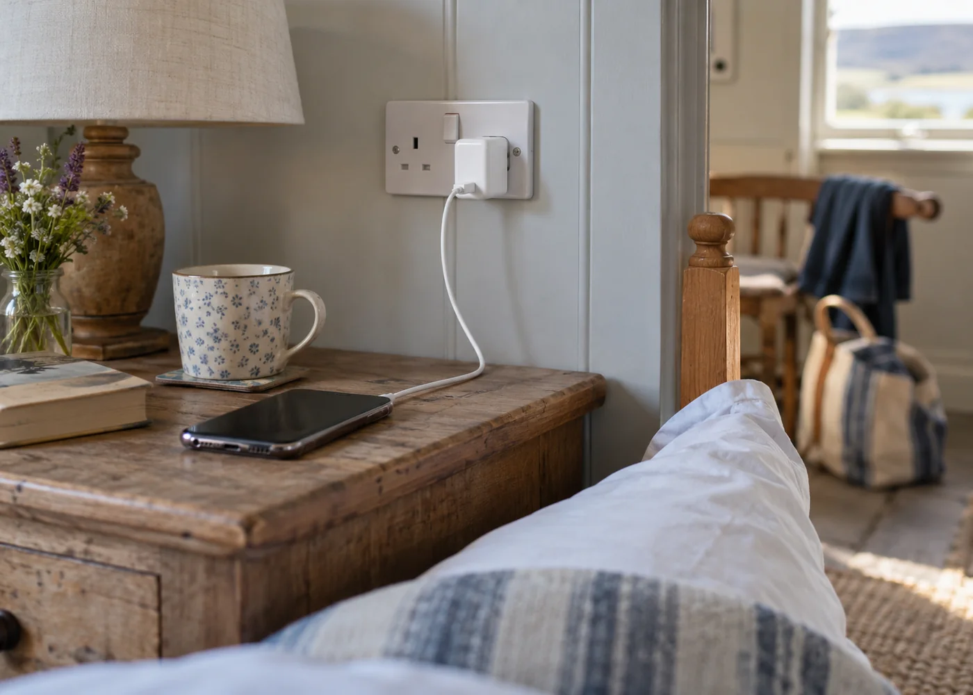 Phone charging cable plugged into a bedside socket.