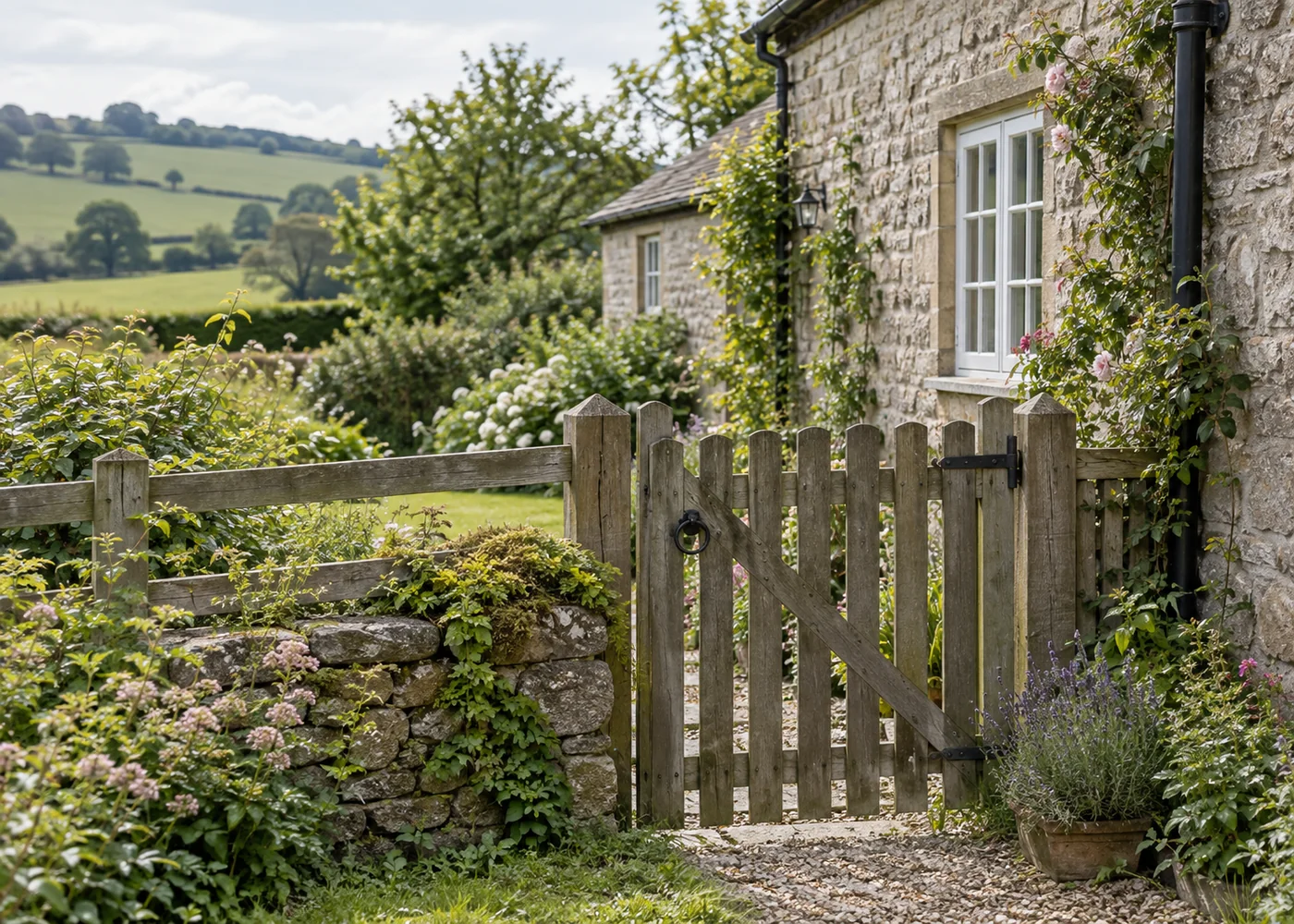 Wooden garden gate and fence beside a cottage.