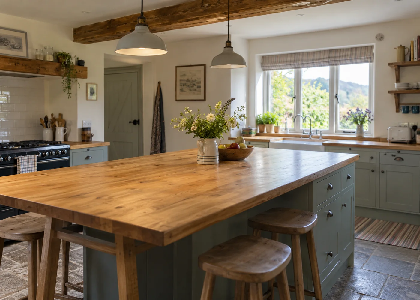 Spacious cottage kitchen with a clear worktop.