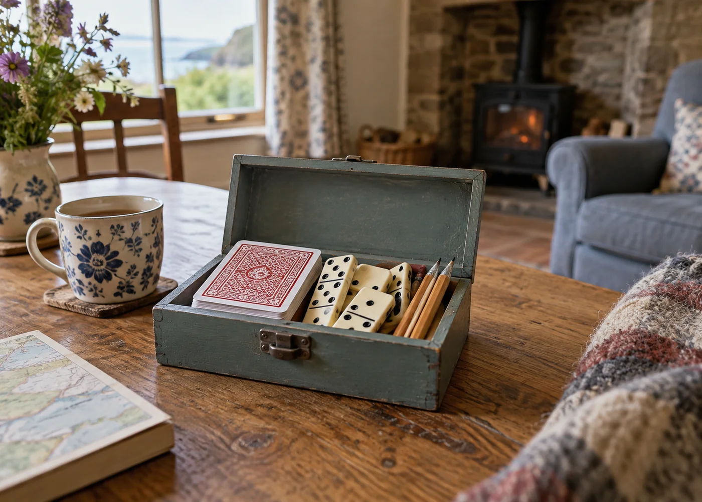 Playing cards dominoes and pencils in a small box.