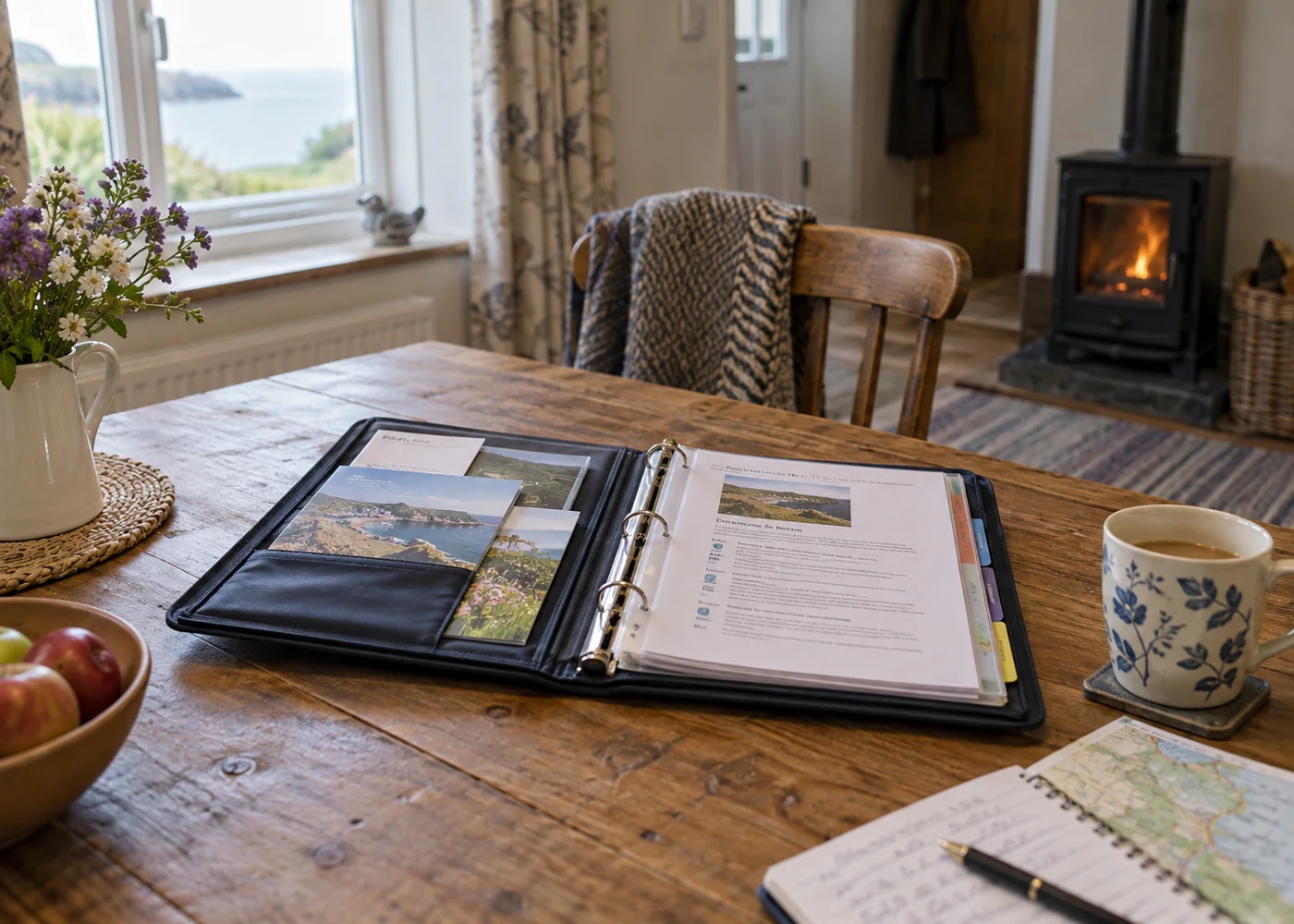 Guest information folder open on a wooden table.