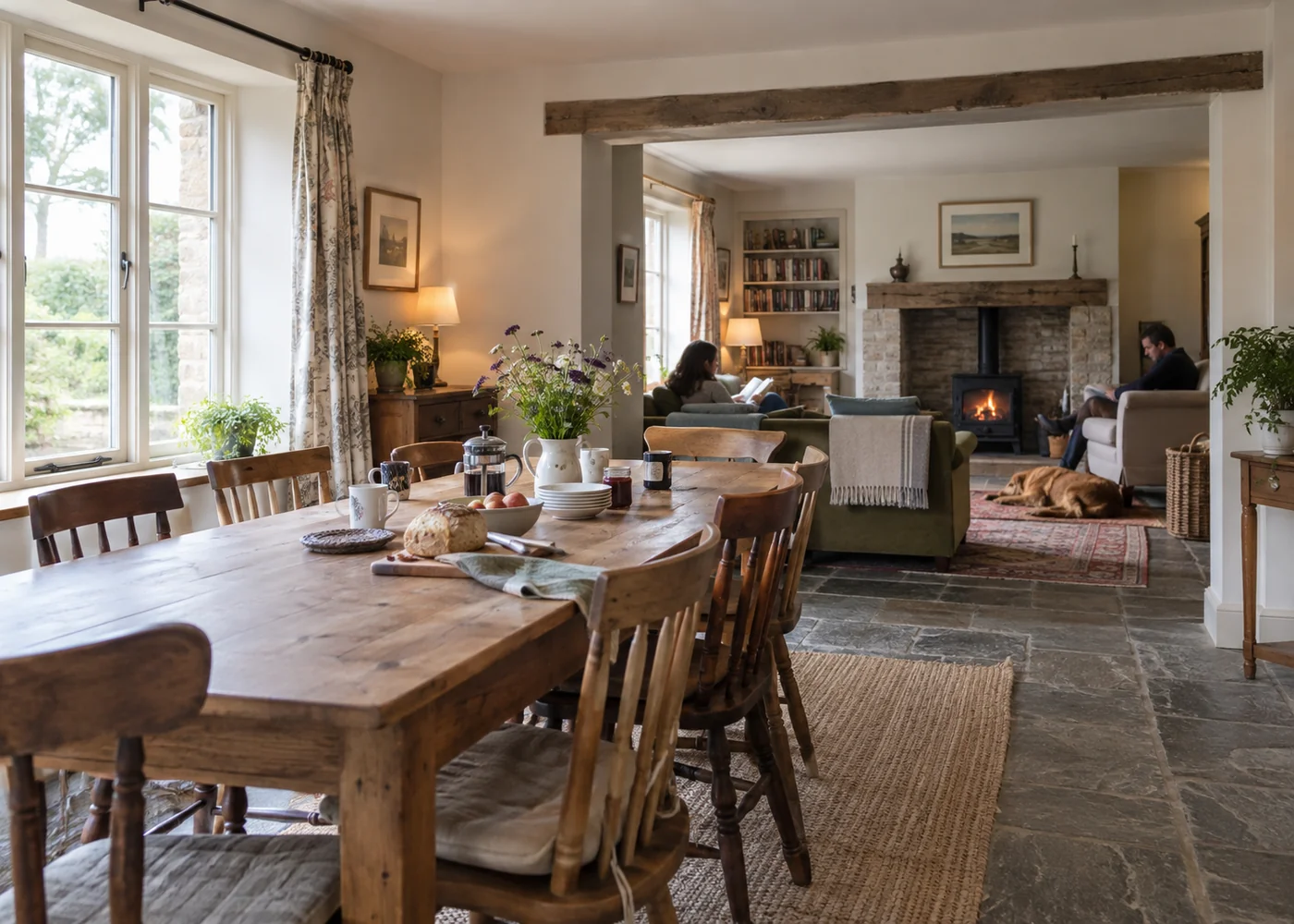 Large country house dining area opening to a sitting room.