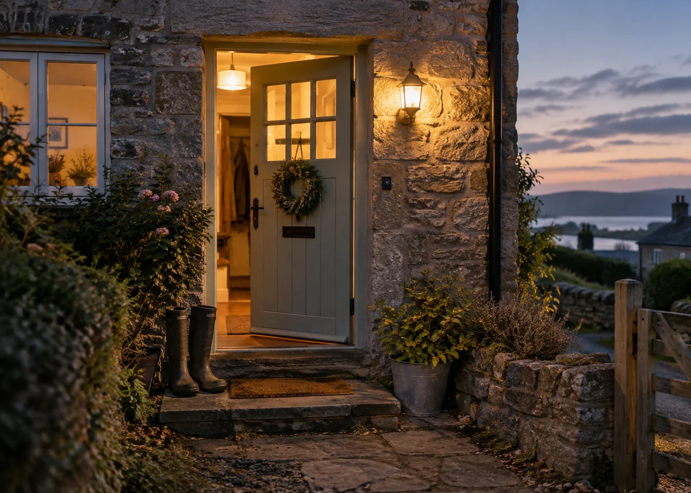 Illuminated cottage doorway at dusk.