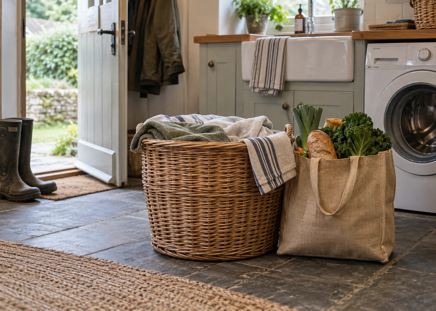 Laundry basket and shopping bag in a cottage utility room.