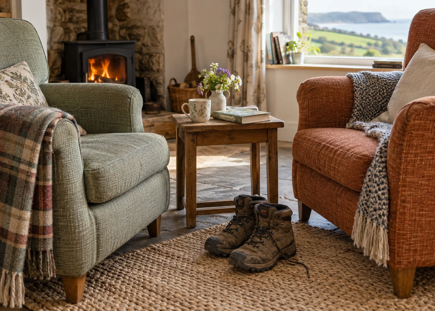 Walking boots and a book beside two armchairs.
