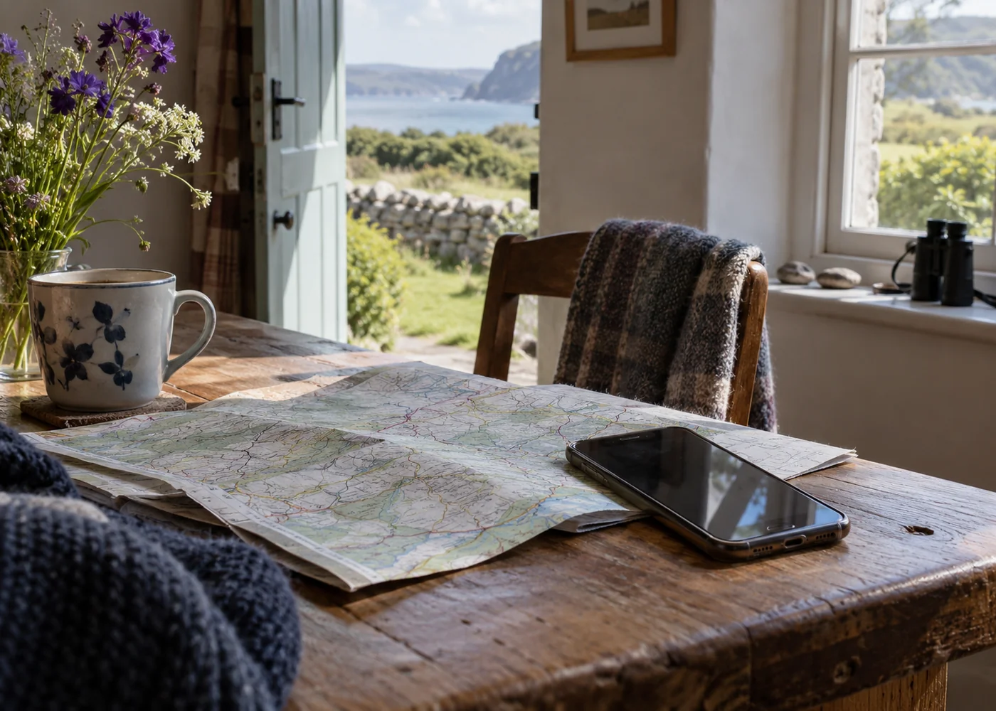 Mobile phone resting beside a paper countryside map.