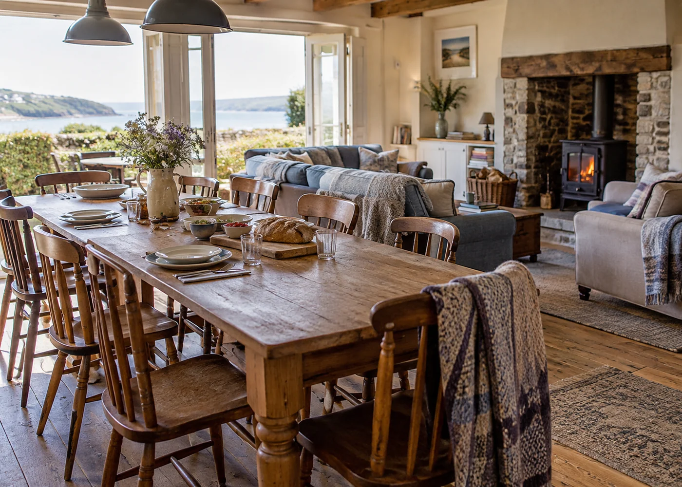 Long dining table beside a comfortable sitting area.