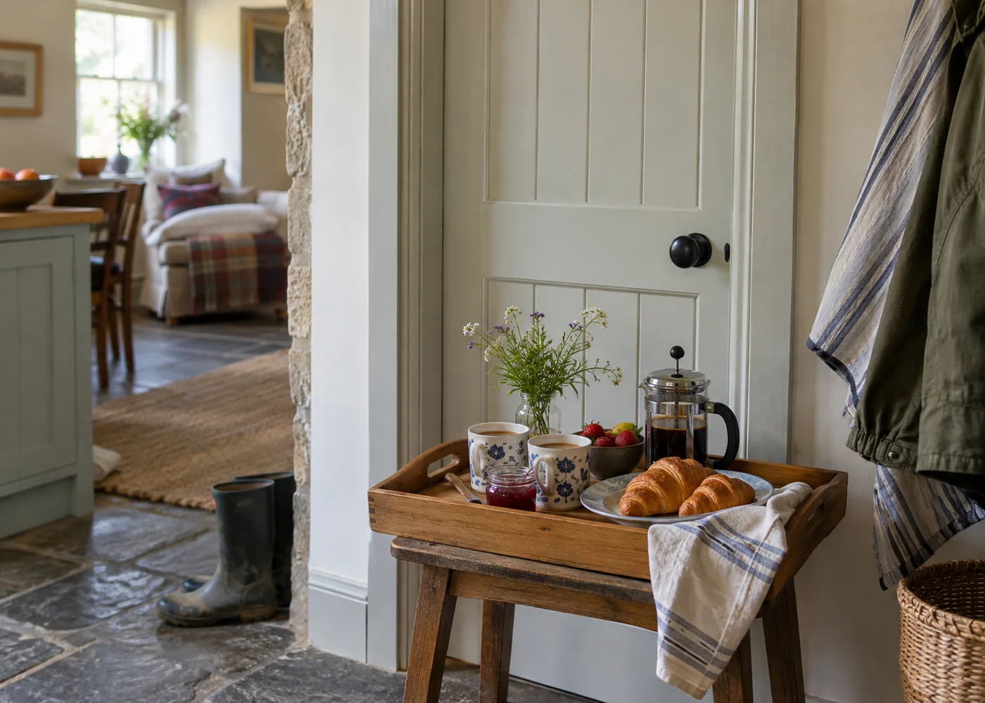 Breakfast tray beside a closed kitchen door.