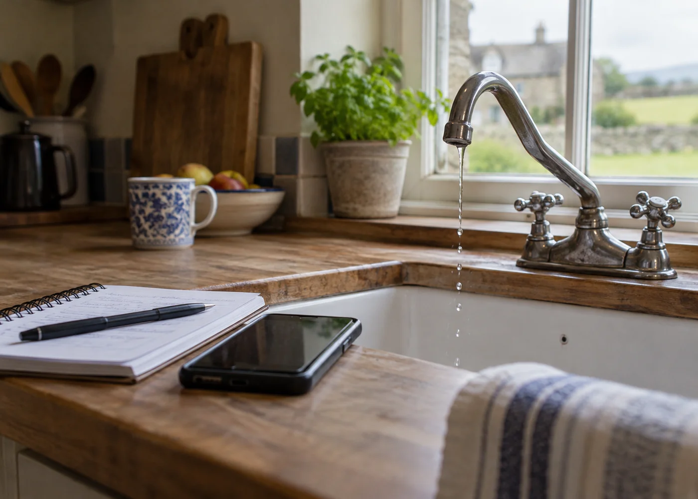 A phone and notebook beside a kitchen tap.
