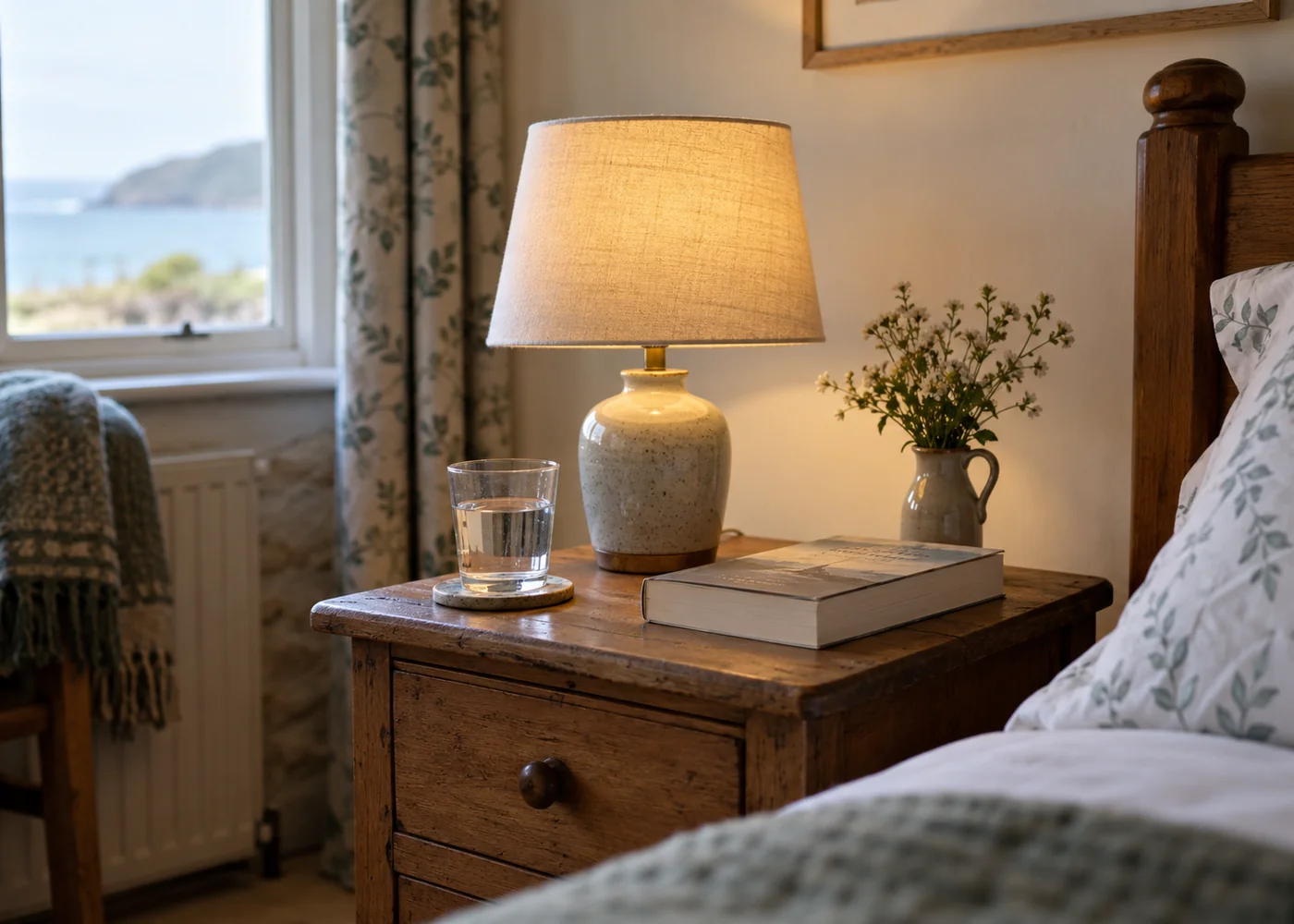 Bedside lamp, book and glass of water on a bedside table.