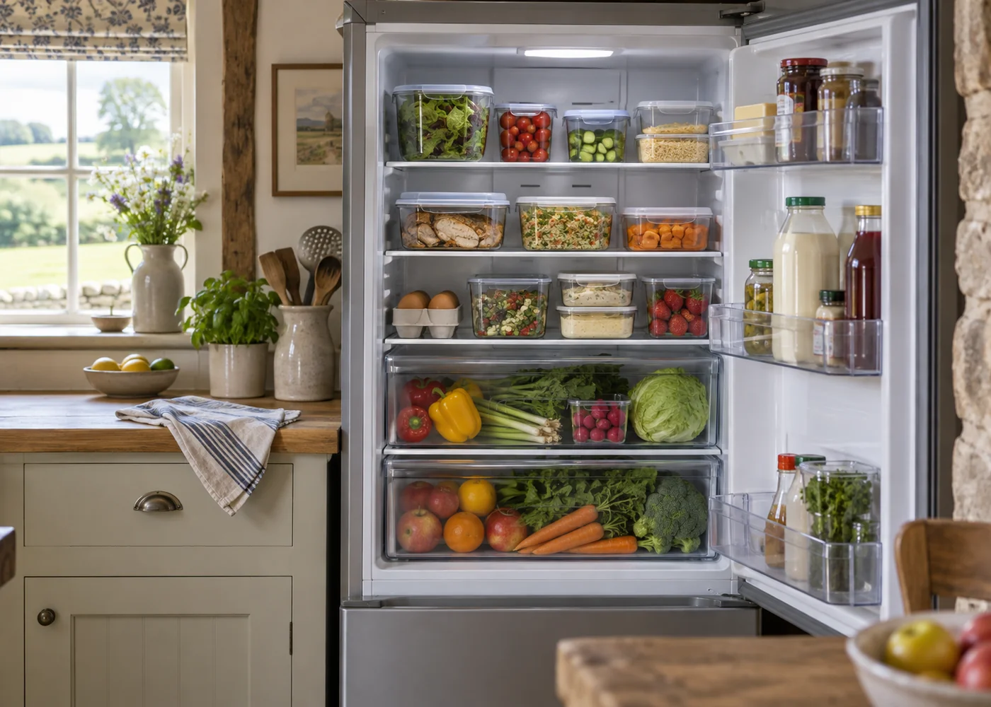 Neatly arranged fridge shelves with food containers.