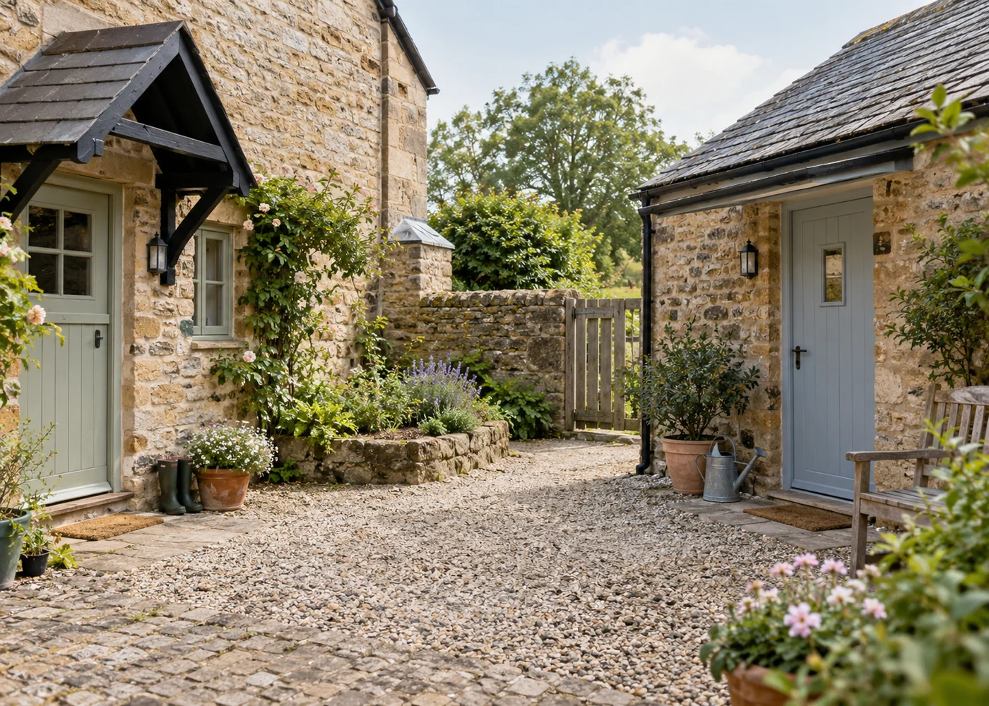 Two holiday cottage entrances around a shared courtyard.