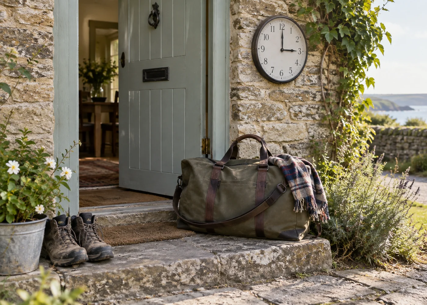 Weekend bag beside a cottage door and wall clock.
