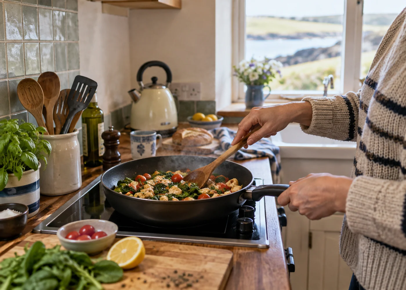 One pan meal being prepared on a compact kitchen hob.
