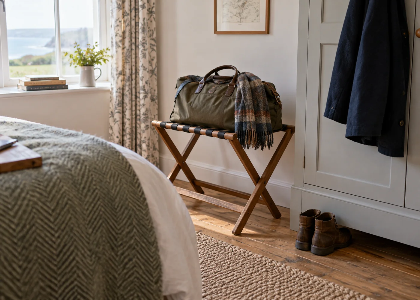 Bedroom luggage rack beside a wardrobe.