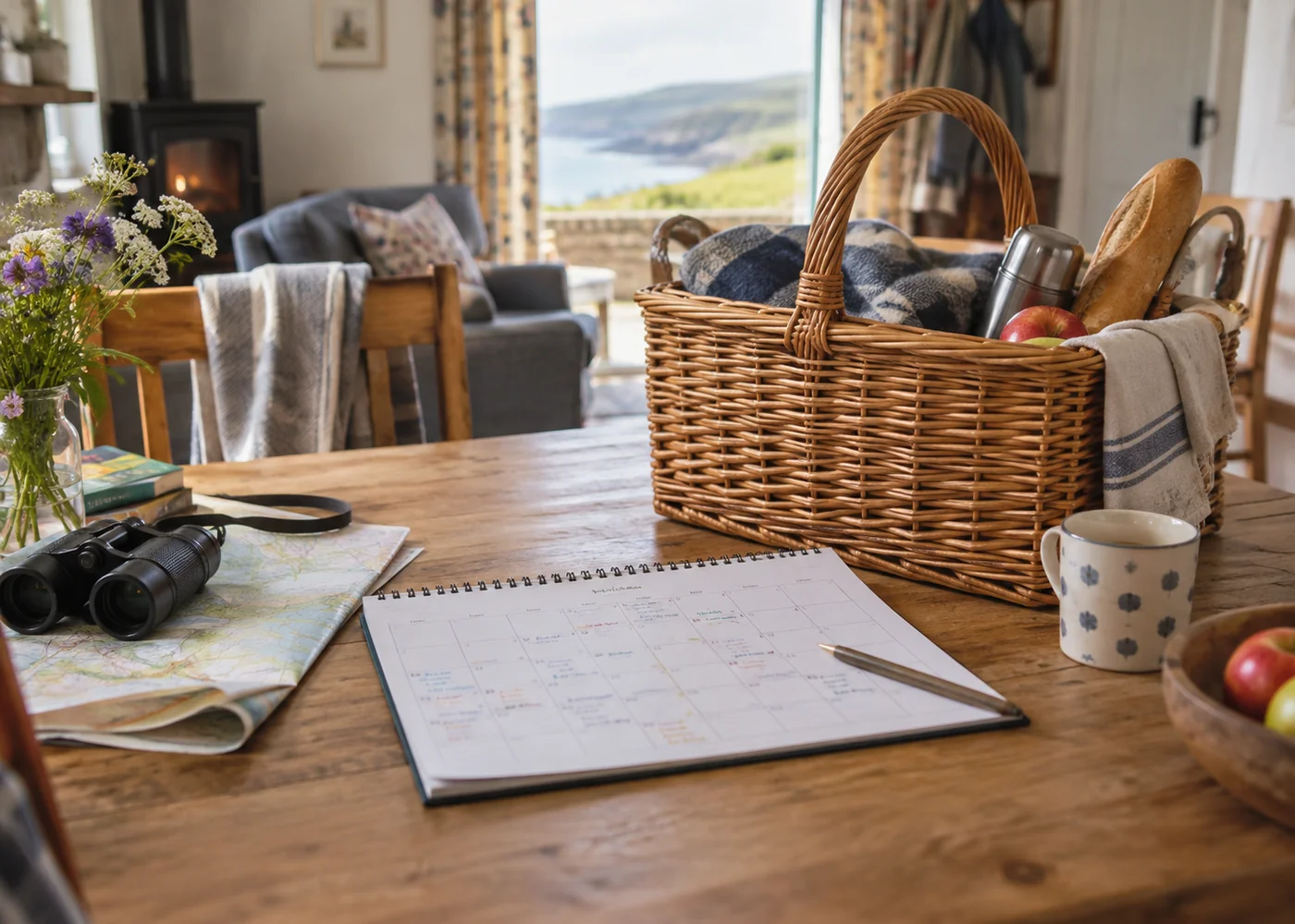Family calendar and picnic basket on a table.