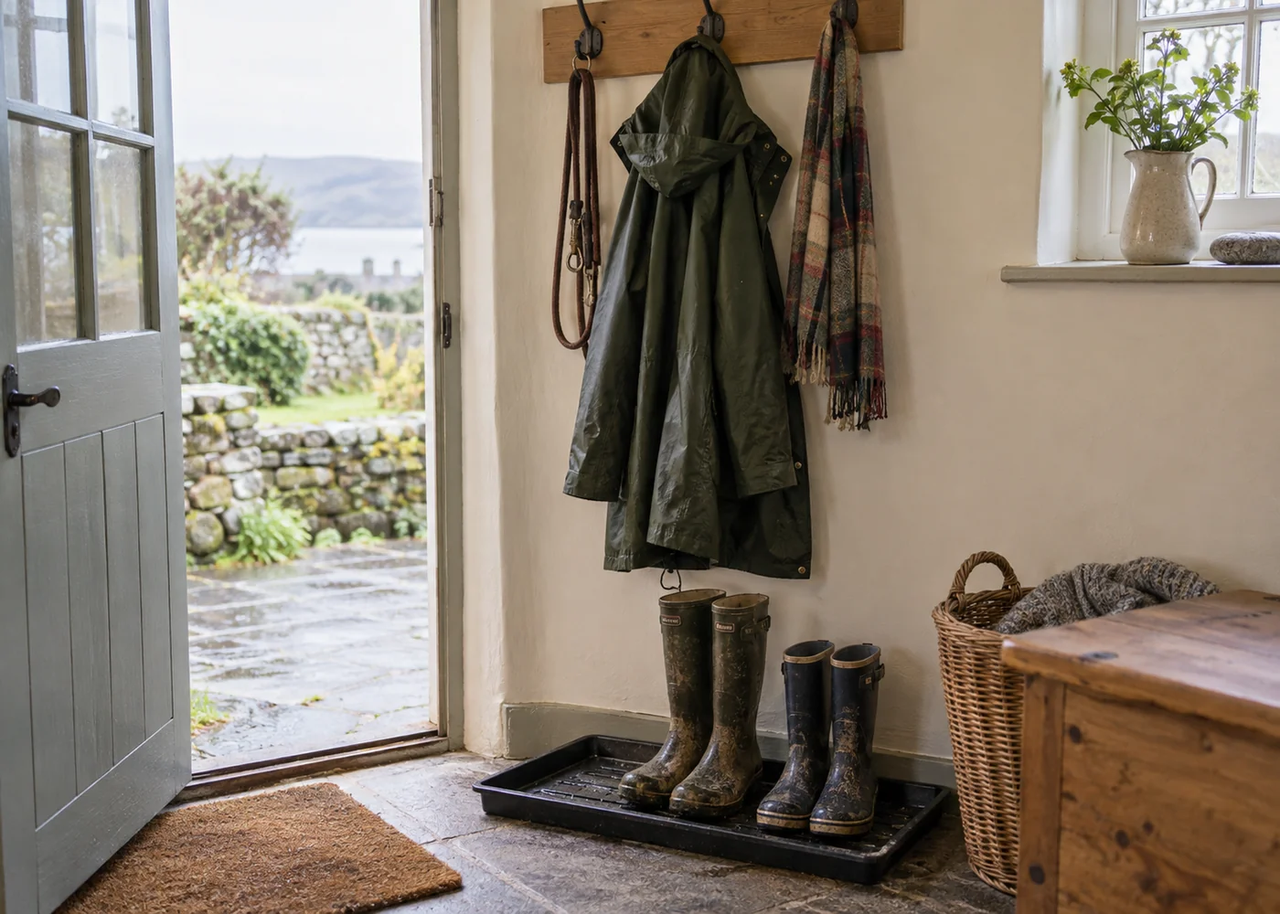 Raincoat hanging above a boot tray in a porch.