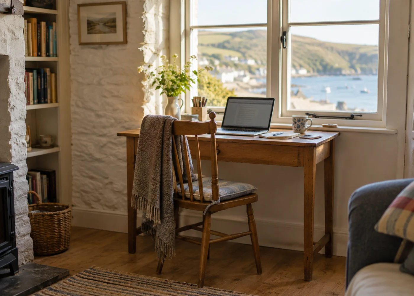Simple desk and chair beside a cottage window.